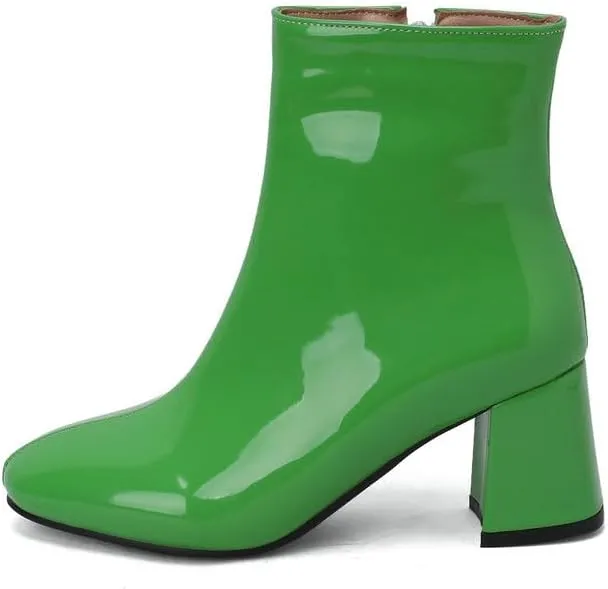 Womens Square toe Ankle Boots Patent Leather Block High Heels Short Booties