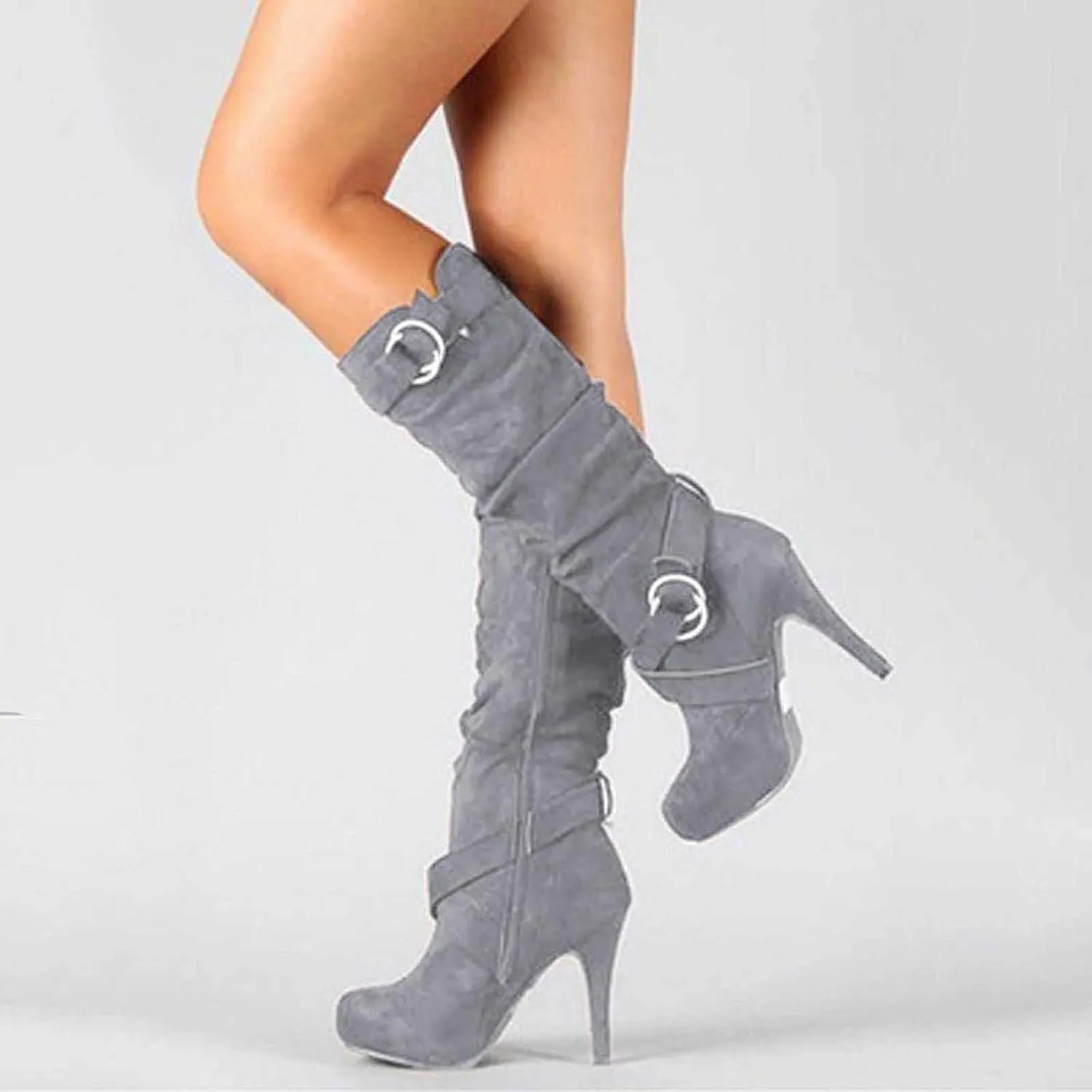 ZBYY Women's Knee High High Heel Boots Winter Fashion Boots Round Toe Mid-Calf Boots Suede Sexy Side Zipper Long Boots