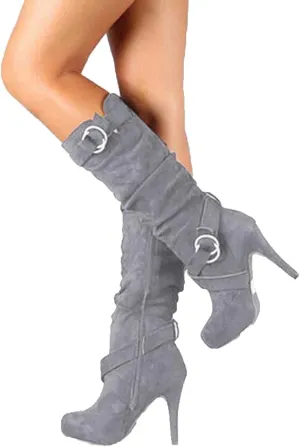 ZBYY Women's Knee High High Heel Boots Winter Fashion Boots Round Toe Mid-Calf Boots Suede Sexy Side Zipper Long Boots