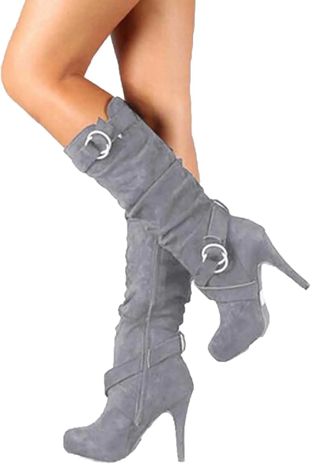 ZBYY Women's Knee High High Heel Boots Winter Fashion Boots Round Toe Mid-Calf Boots Suede Sexy Side Zipper Long Boots