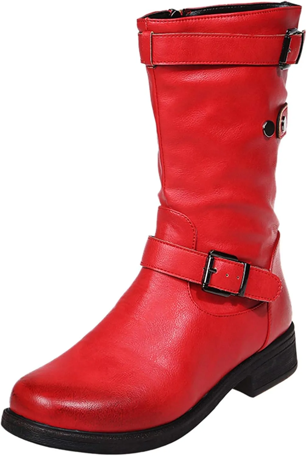 ZBYY Womens Mid Calf Boots Winter Round Toe Flat Low Block Heel Buckle Strap Faux Leather Zipper Riding Booties
