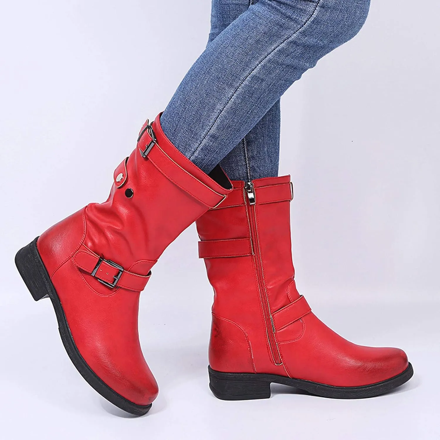 ZBYY Womens Mid Calf Boots Winter Round Toe Flat Low Block Heel Buckle Strap Faux Leather Zipper Riding Booties