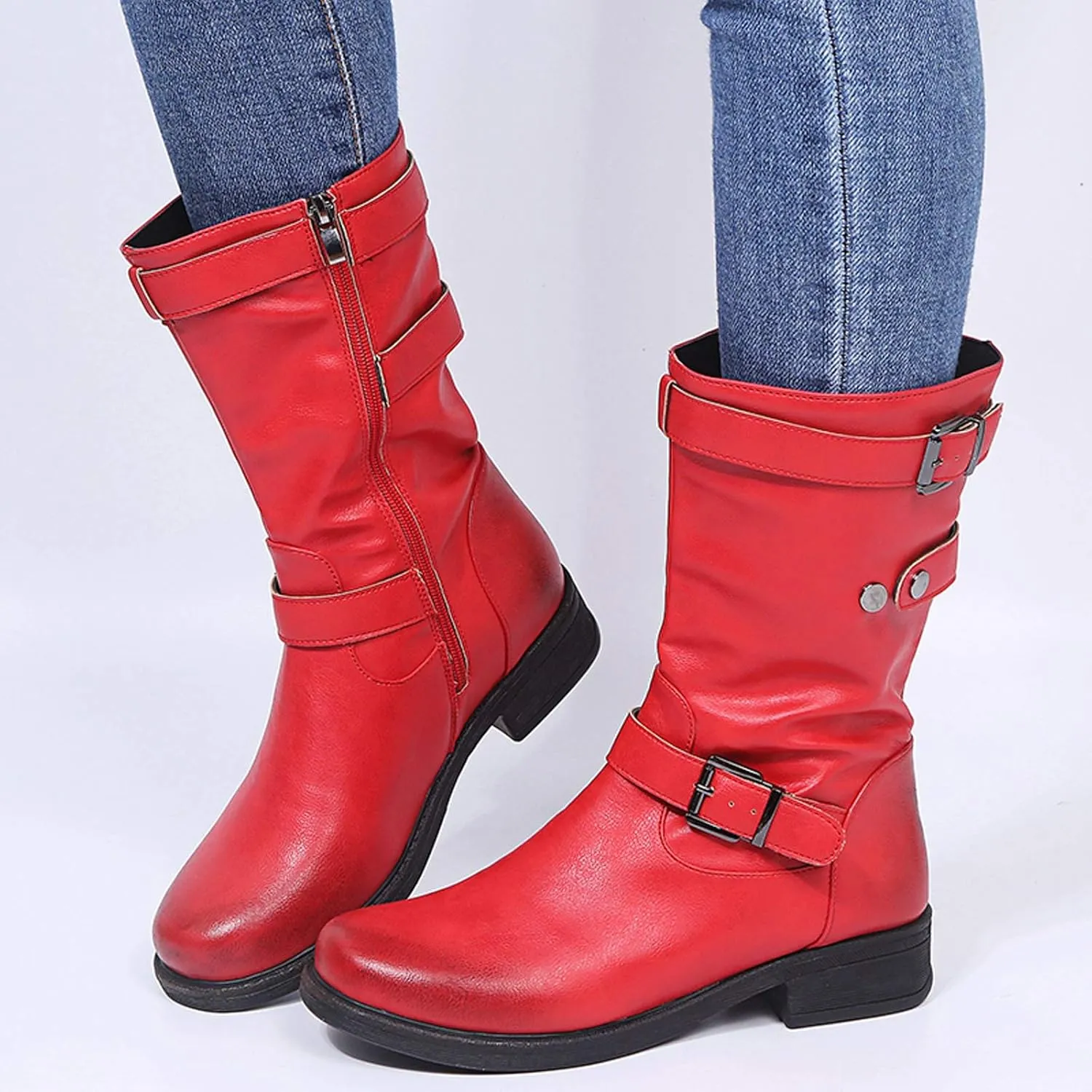 ZBYY Womens Mid Calf Boots Winter Round Toe Flat Low Block Heel Buckle Strap Faux Leather Zipper Riding Booties