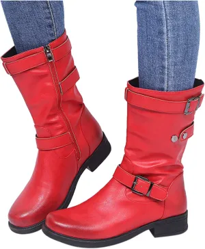 ZBYY Womens Mid Calf Boots Winter Round Toe Flat Low Block Heel Buckle Strap Faux Leather Zipper Riding Booties