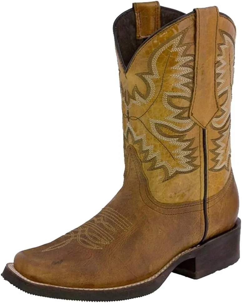 ZBYY Women's Wide Calf Western Cowboy Boots Square Toe Leather Boots Embroidered Slip On Low Heeled Mid Calf Boots