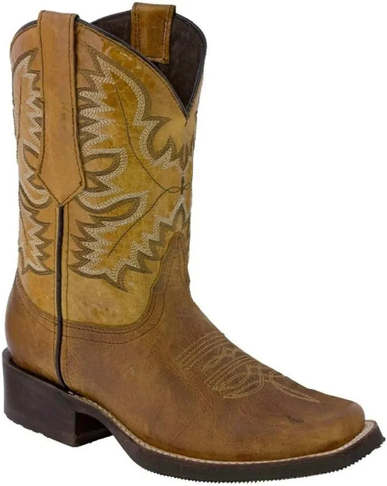 ZBYY Women's Wide Calf Western Cowboy Boots Square Toe Leather Boots Embroidered Slip On Low Heeled Mid Calf Boots